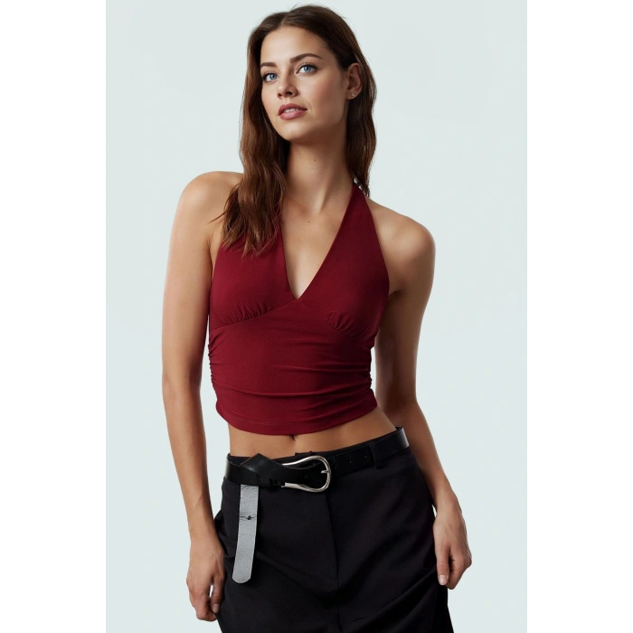 V Yaka Fitted Crop Bluz Sandy Dokuma Yazlık Günlük Kullanım İçin