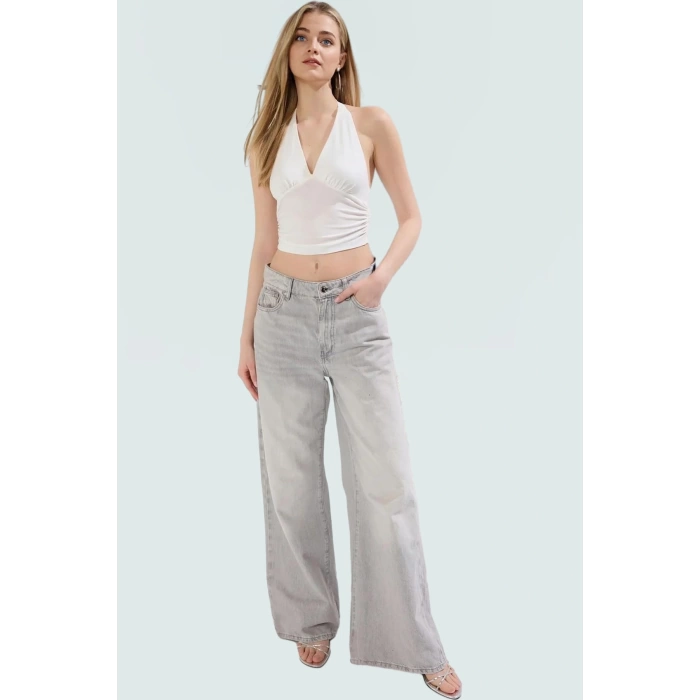 V Yaka Fitted Crop Bluz Sandy Dokuma Yazlık Günlük Kullanım İçin