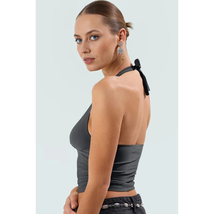 V Yaka Fitted Crop Bluz Sandy Dokuma Yazlık Günlük Kullanım İçin