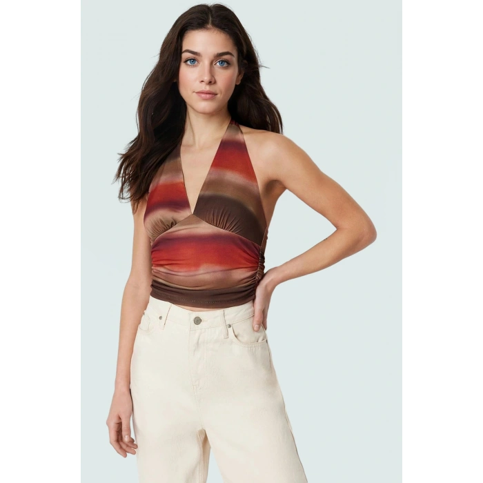 V Yaka Fitted Crop Bluz Sandy Dokuma Yazlık Günlük Kullanım İçin