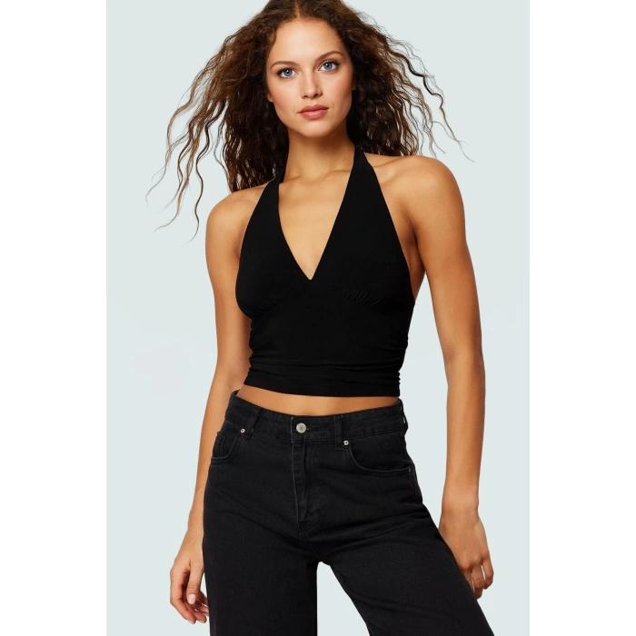 V Yaka Fitted Crop Bluz Sandy Dokuma Yazlık Günlük Kullanım İçin