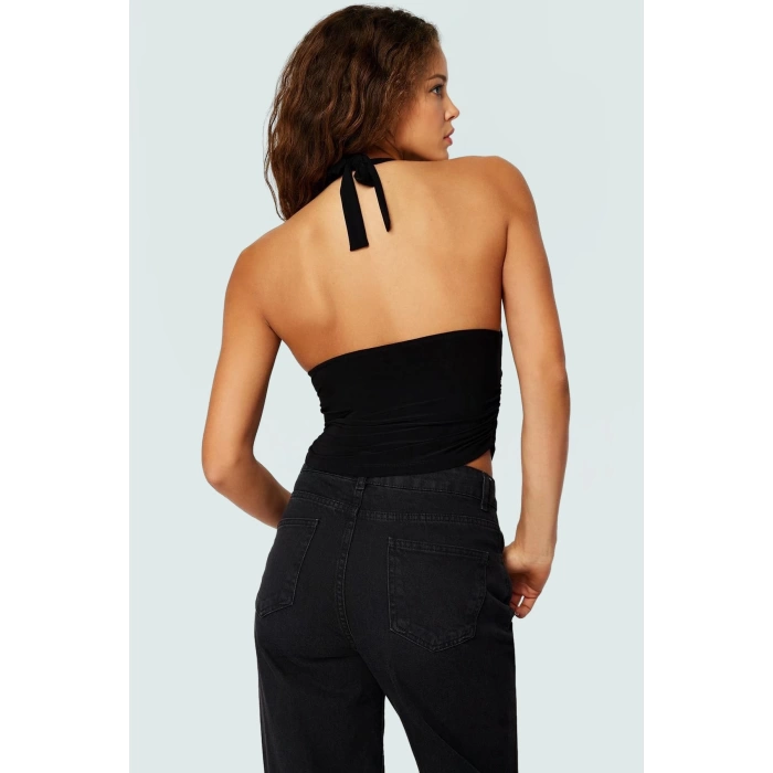 V Yaka Fitted Crop Bluz Sandy Dokuma Yazlık Günlük Kullanım İçin