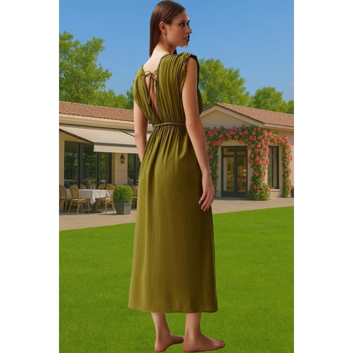 V Yaka Kolsuz Maxi Plaj Elbisesi Crinkle Dokuma Polyester Dayanıklı Malzeme Premium Kalite