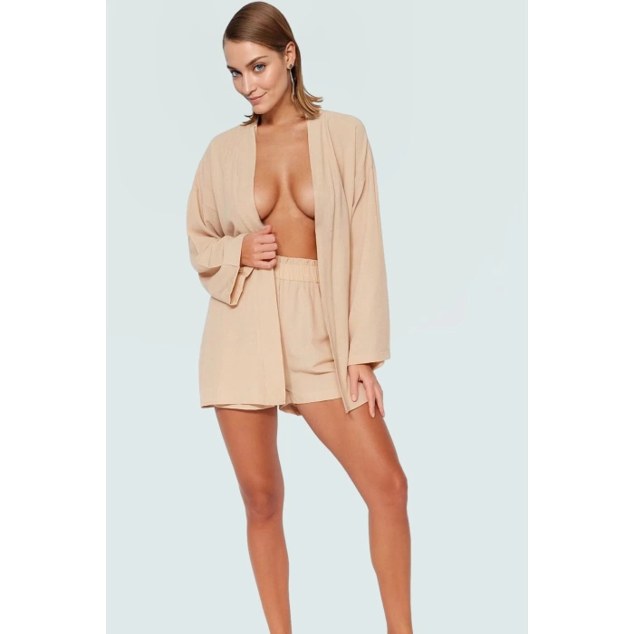 V Yaka Uzun Kollu Kimono Şort Takım Viskoz Polyester Yazlık Plaj Ömürlü Kaliteli İşçilik