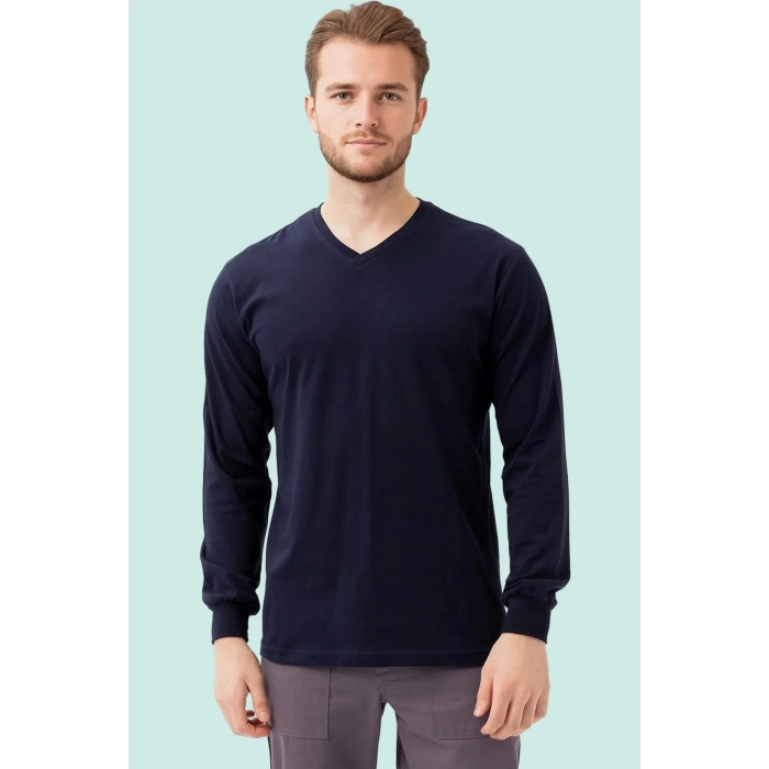 V Yaka Uzun Kollu Penye Tshirt Padus shirt Rahat Kesim Günlük İş Kullanımı İçin