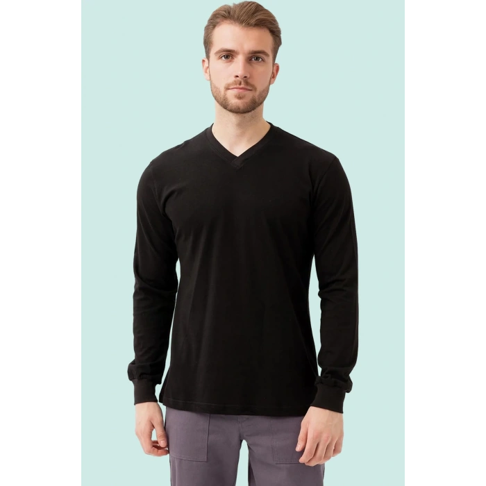 V Yaka Uzun Kollu Penye Tshirt Padus shirt Rahat Kesim Günlük İş Kullanımı İçin