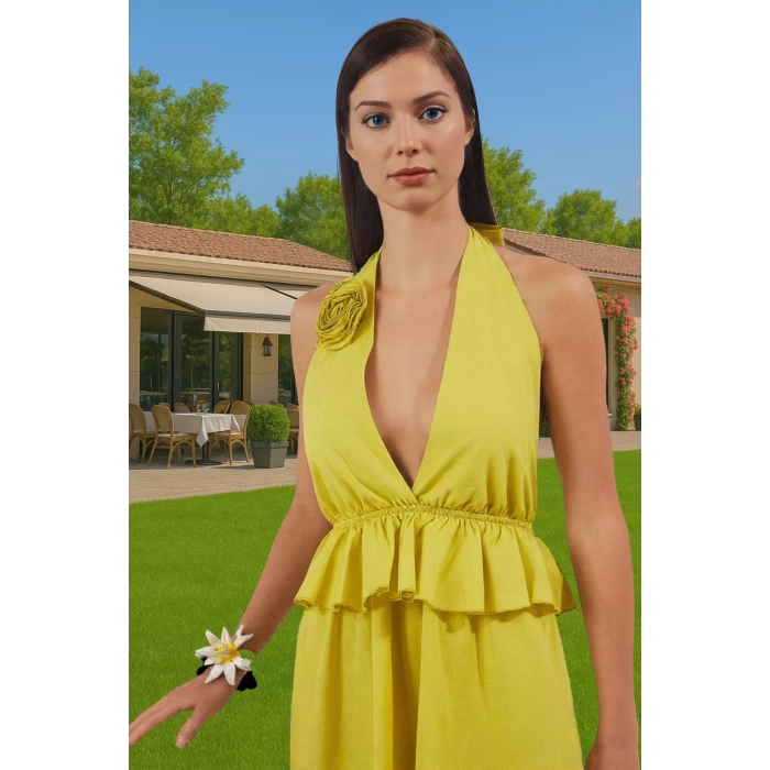 V Yaka Volanlı Pamuk Mini Elbise Yazlık Plaj Şıklığı Özenle Seçilmiş Premium Kalite Modern Stil