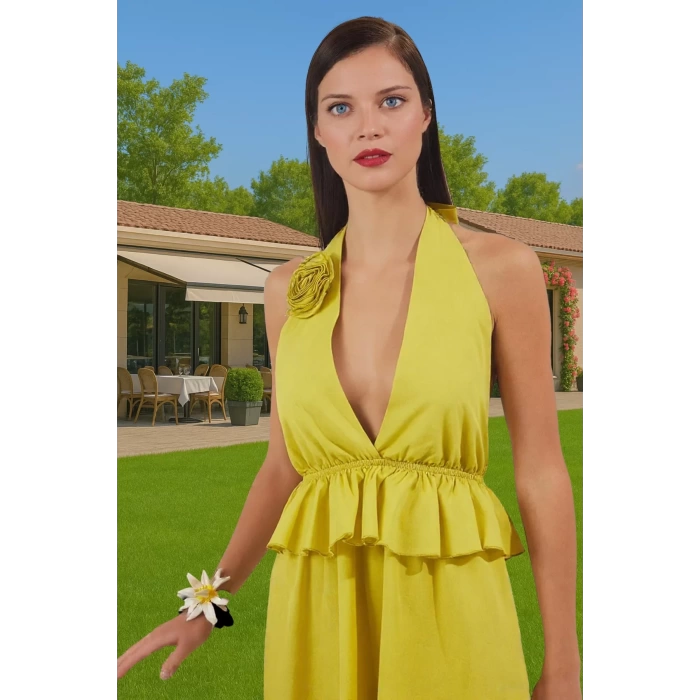 V Yaka Volanlı Pamuk Mini Elbise Yazlık Plaj Şıklığı Özenle Seçilmiş Premium Kalite Modern Stil
