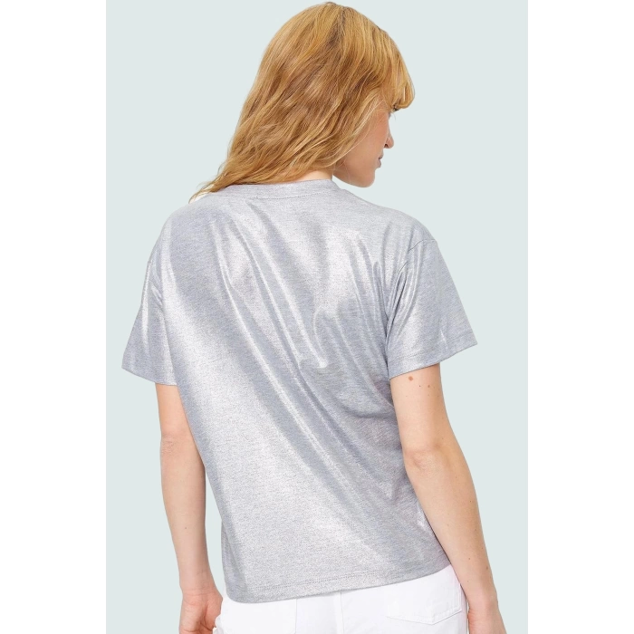 Varak Baskılı Regular Pamuk Bluz Kısa Kol Bisiklet Yaka Casual Stil Kaliteli İşçilik