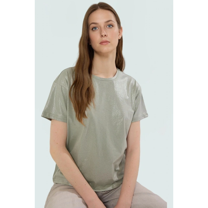 Varak Baskılı Regular Pamuk Bluz Kısa Kol Bisiklet Yaka Casual Stil Kaliteli İşçilik