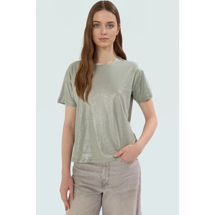 Varak Baskılı Regular Pamuk Bluz Kısa Kol Bisiklet Yaka Casual Stil Kaliteli İşçilik