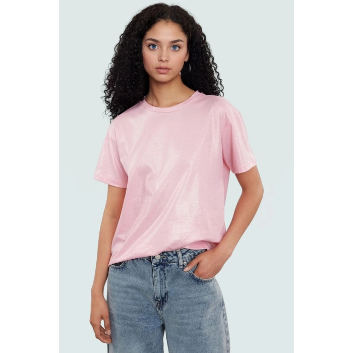 Varak Baskılı Regular Pamuk Bluz Kısa Kol Bisiklet Yaka Casual Stil Kaliteli İşçilik