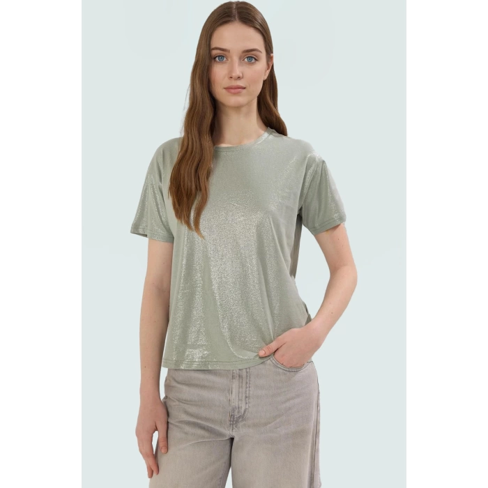 Varak Baskılı Regular Pamuk Bluz Kısa Kol Bisiklet Yaka Casual Stil Kaliteli İşçilik