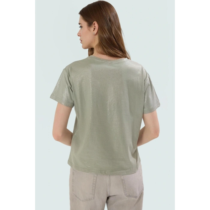 Varak Baskılı Regular Pamuk Bluz Kısa Kol Bisiklet Yaka Casual Stil Kaliteli İşçilik