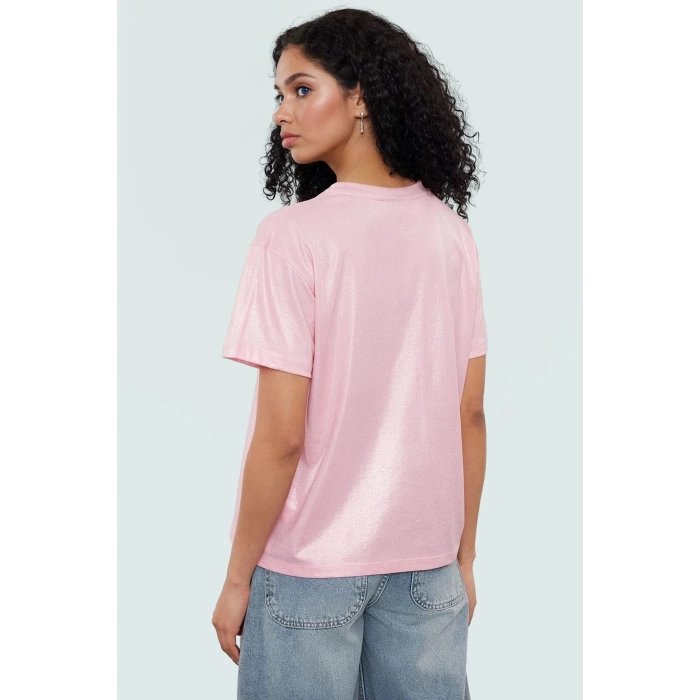 Varak Baskılı Regular Pamuk Bluz Kısa Kol Bisiklet Yaka Casual Stil Kaliteli İşçilik