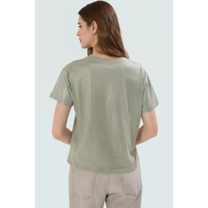 Varak Baskılı Regular Pamuk Bluz Kısa Kol Bisiklet Yaka Casual Stil Kaliteli İşçilik