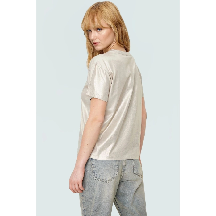 Varak Baskılı Regular Pamuk Bluz Kısa Kol Bisiklet Yaka Casual Stil Kaliteli İşçilik