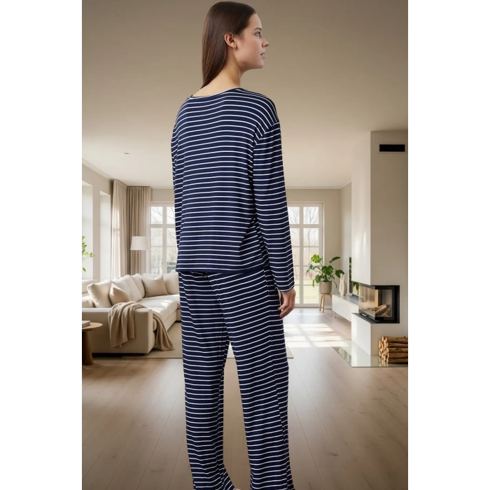 Viskon Pijama Takımı Çizgili Rahat ve Şık Kışlık Özel Tasarım