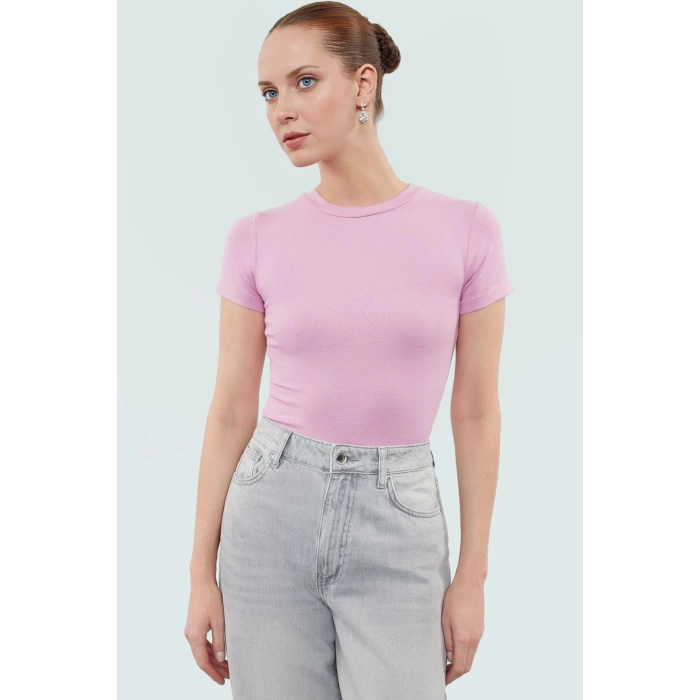 Viskon Ribana Bisiklet Yaka Fitted Bluz Günlük Kombinler İçin Rahat Kullanım Modern Stil