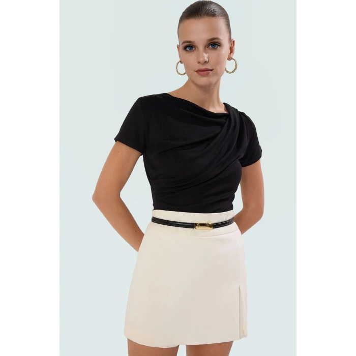 Viskon Ribana Bluz Fitted Vücut Oturma Regular Boy Asimetrik Yaka Özel Tasarım