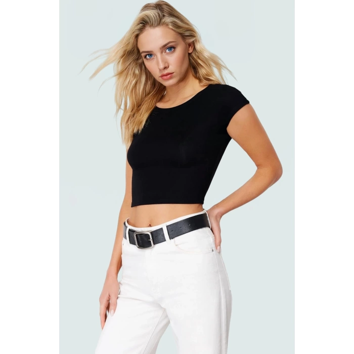 Viskon Ribana Kadın Crop Bluz Ay Kol Bisiklet Yaka Fitted Günlük Özenle Seçilmiş Seçkin Malzeme