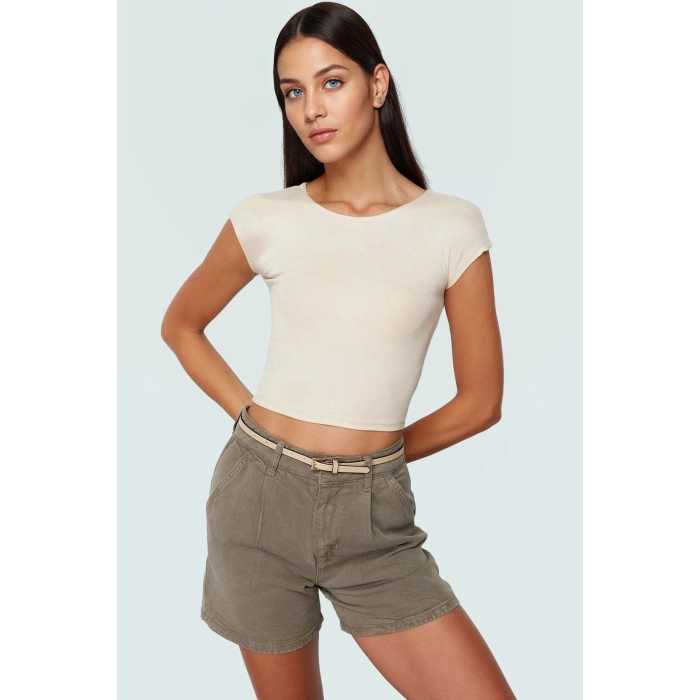 Viskon Ribana Kadın Crop Bluz Ay Kol Bisiklet Yaka Fitted Günlük Özenle Seçilmiş Seçkin Malzeme