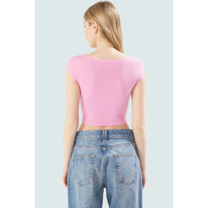 Viskon Ribana Kadın Crop Bluz Ay Kol Bisiklet Yaka Fitted Günlük Özenle Seçilmiş Seçkin Malzeme