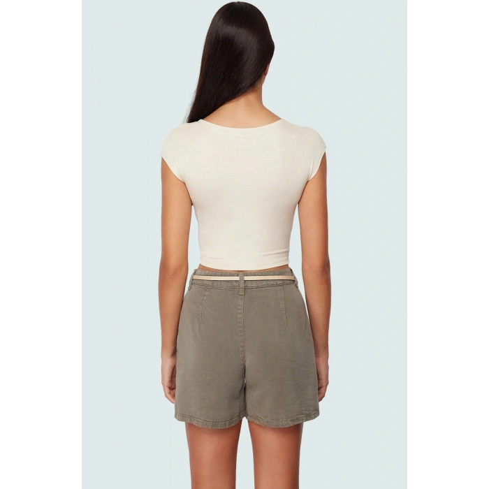 Viskon Ribana Kadın Crop Bluz Ay Kol Bisiklet Yaka Fitted Günlük Özenle Seçilmiş Seçkin Malzeme