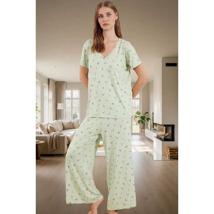 Viskon Süprem Pijama Takımı Çok Çiçek Desenli Rahat Kalıp Yüksek Kalite Kullanım