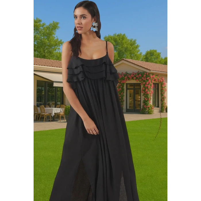 Viskoz Crinkle Kumaş Maxi Plaj Elbisesi Volanlı Detaylar ile Yazlık Özel Tasarım Trend Tasarım