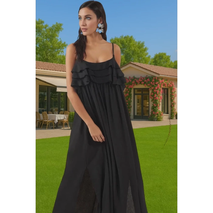 Viskoz Crinkle Kumaş Maxi Plaj Elbisesi Volanlı Detaylar ile Yazlık Özel Tasarım Trend Tasarım