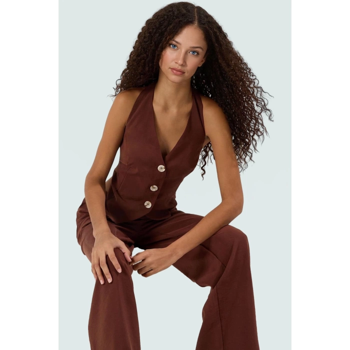 Viskoz Dokuma Kadın Yelek Pantolon Takım Halter Yaka Düşük Bel Geniş Paça Casual
