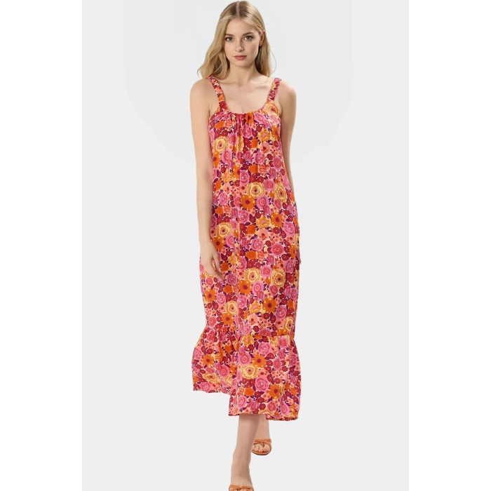 Viskoz Kumaş Maxi Elbise Çiçek Desenli Rahat Shift Kalıp Yazlık Günlük Zarifane Tasarım Modern Stil