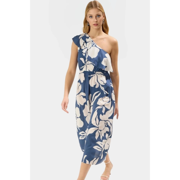 Viskoz Kumaş Midi Elbise Şık Çiçek Desenli Asimetrik Yaka Günlük Stil Modern Premium Kalite