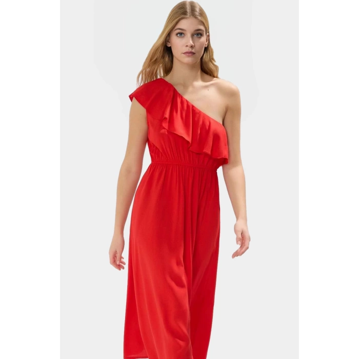 Viskoz Kumaş Midi Elbise Şık Çiçek Desenli Asimetrik Yaka Günlük Stil Modern Premium Kalite