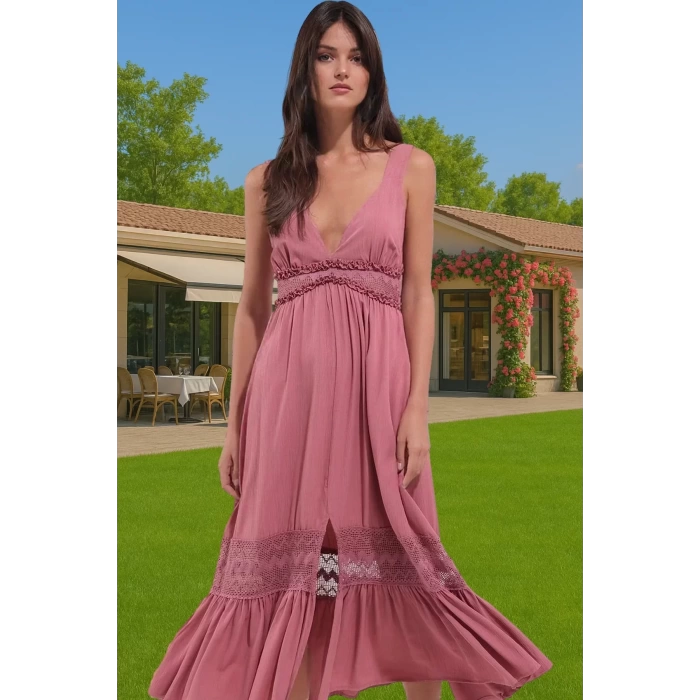 Viskoz Maxi Elbise Dantel Detayli Skater Kalıp Yazlık Modern Stil Özel Tasarım Özenle Seçilmiş