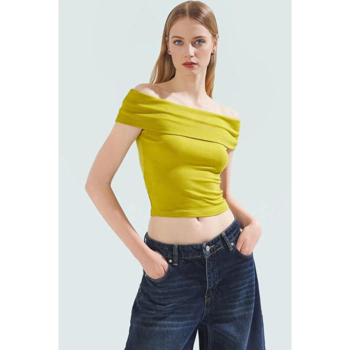 Viskoz Ribana Carmen Yaka Kısa Kollu Fitted Bluz Rahat Kullanım Özel Tasarım Premium Kalite
