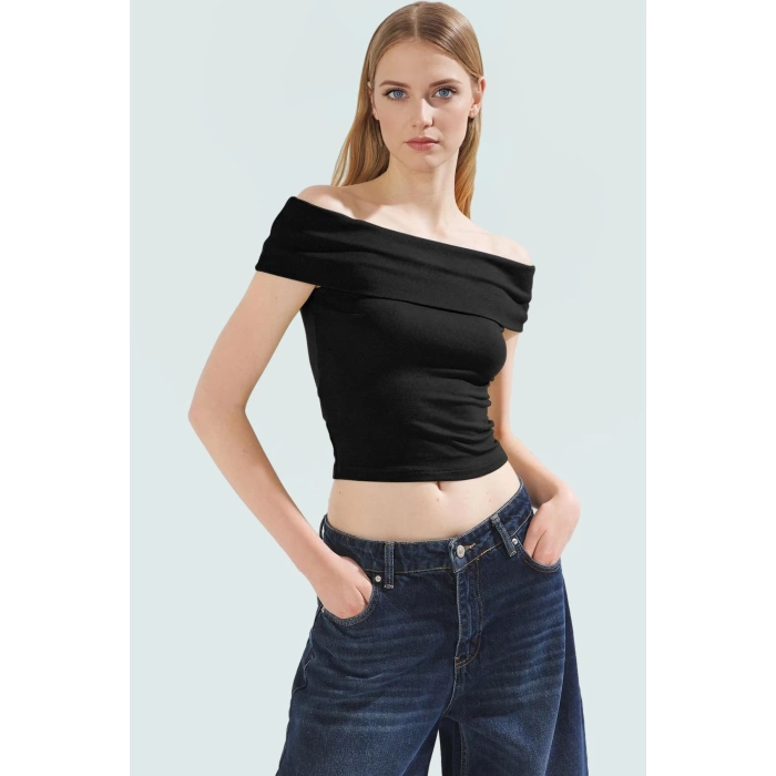 Viskoz Ribana Carmen Yaka Kısa Kollu Fitted Bluz Rahat Kullanım Özel Tasarım Premium Kalite