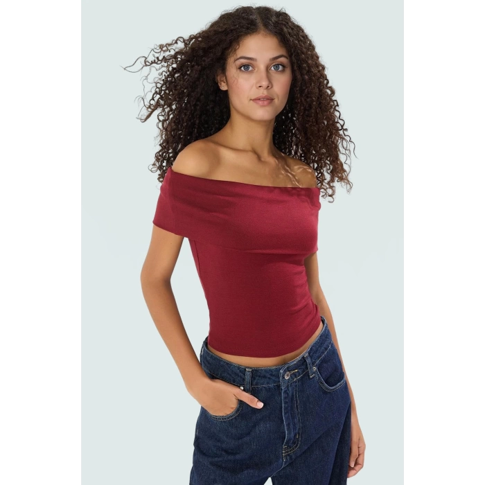Viskoz Ribana Carmen Yaka Kısa Kollu Fitted Bluz Rahat Kullanım Özel Tasarım Premium Kalite