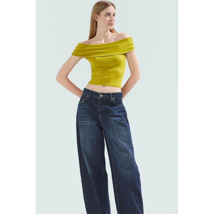 Viskoz Ribana Carmen Yaka Kısa Kollu Fitted Bluz Rahat Kullanım Özel Tasarım Premium Kalite