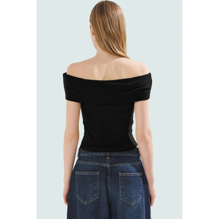 Viskoz Ribana Carmen Yaka Kısa Kollu Fitted Bluz Rahat Kullanım Özel Tasarım Premium Kalite