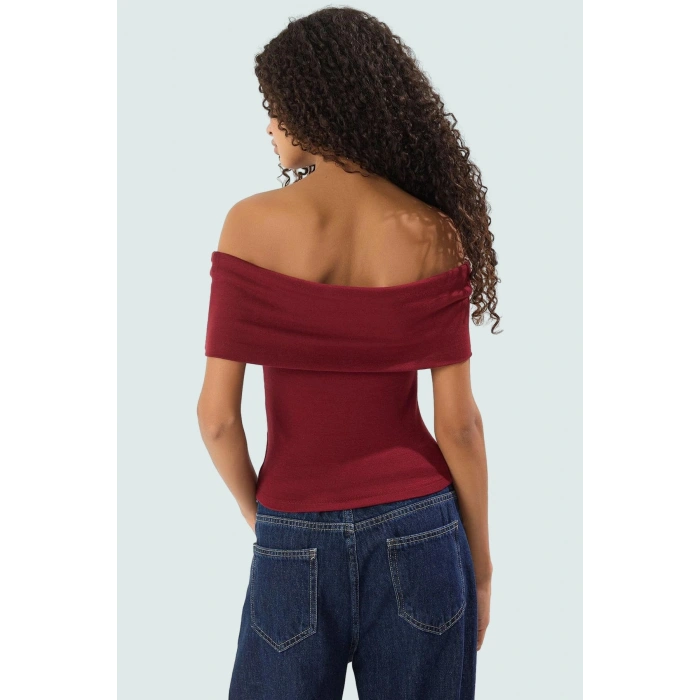 Viskoz Ribana Carmen Yaka Kısa Kollu Fitted Bluz Rahat Kullanım Özel Tasarım Premium Kalite
