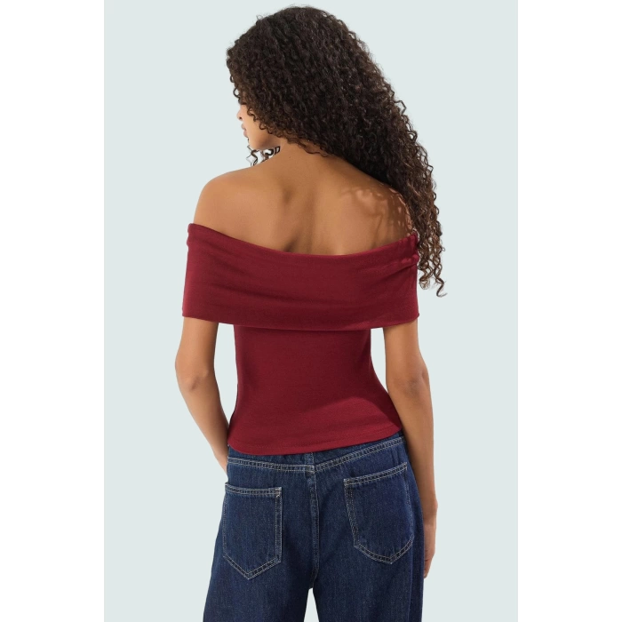 Viskoz Ribana Carmen Yaka Kısa Kollu Fitted Bluz Rahat Kullanım Özel Tasarım Premium Kalite