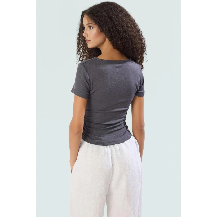 Viskoz Ribana Crop Bluz Büzgü Detaylı Fitted Kalıp Yazlık Uzun Ömürlü Premium Kalite