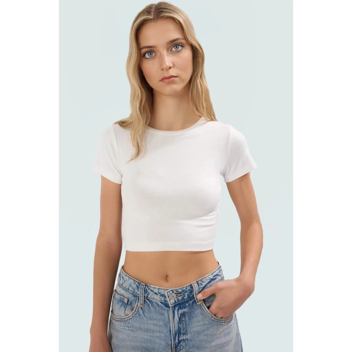 Viskoz Ribana Kumaşlı Rahat Crop Bluz 2li Paket Fitted Kalıp Renk Günlük Kullanım