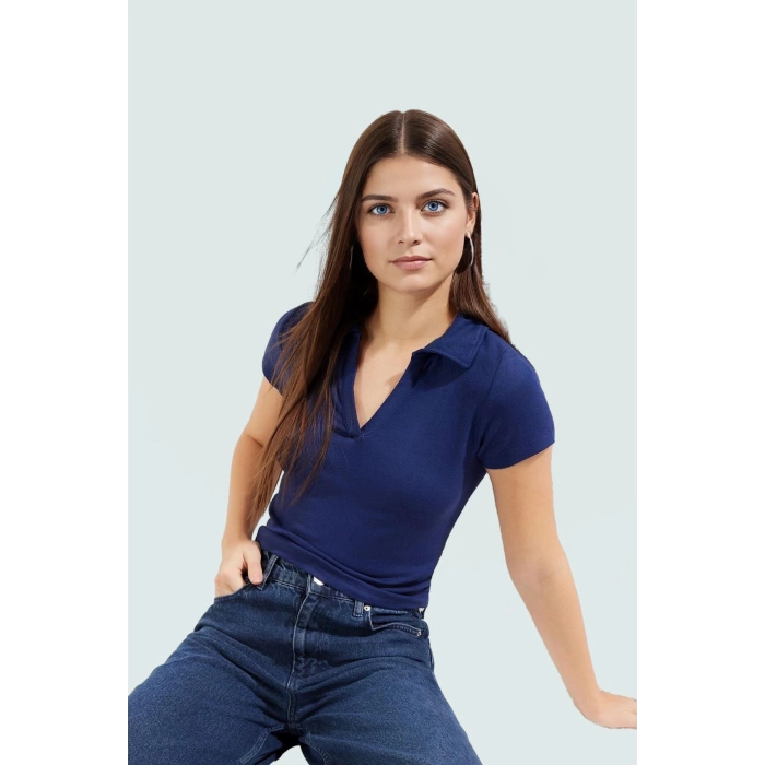 Viskoz Ribana Örme Bluz Crop Polo Yaka Fitted Rahat Kullanım Premium Kalite Modern Stil