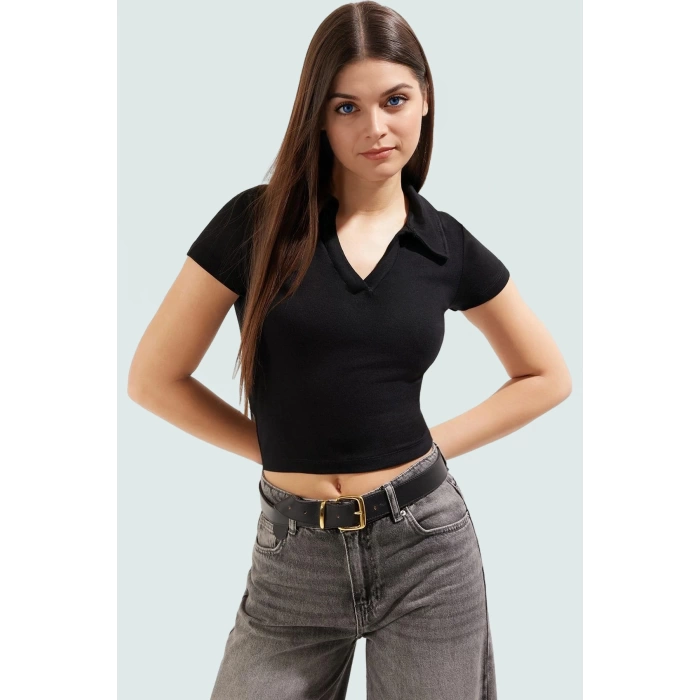 Viskoz Ribana Örme Bluz Crop Polo Yaka Fitted Rahat Kullanım Premium Kalite Modern Stil