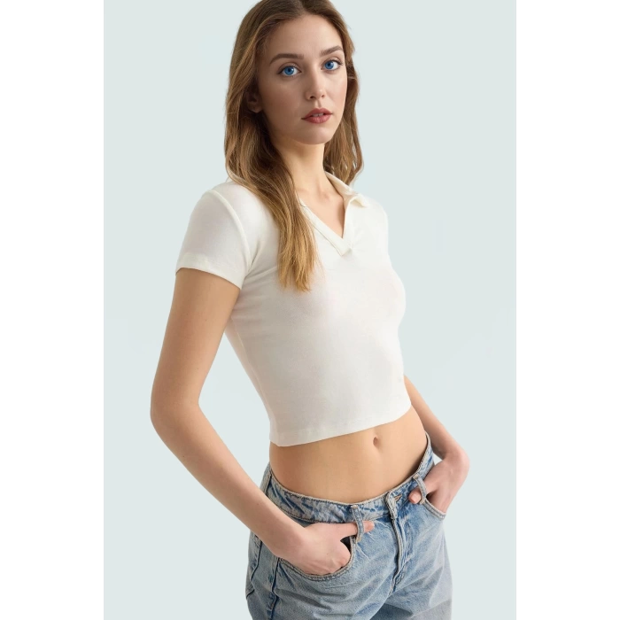 Viskoz Ribana Örme Bluz Crop Polo Yaka Fitted Rahat Kullanım Premium Kalite Modern Stil