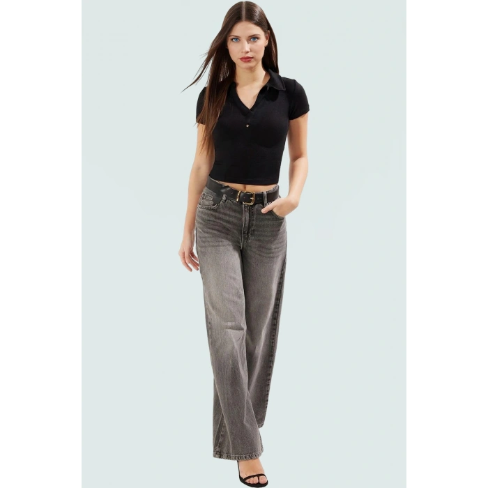Viskoz Ribana Örme Bluz Crop Polo Yaka Fitted Rahat Kullanım Premium Kalite Modern Stil