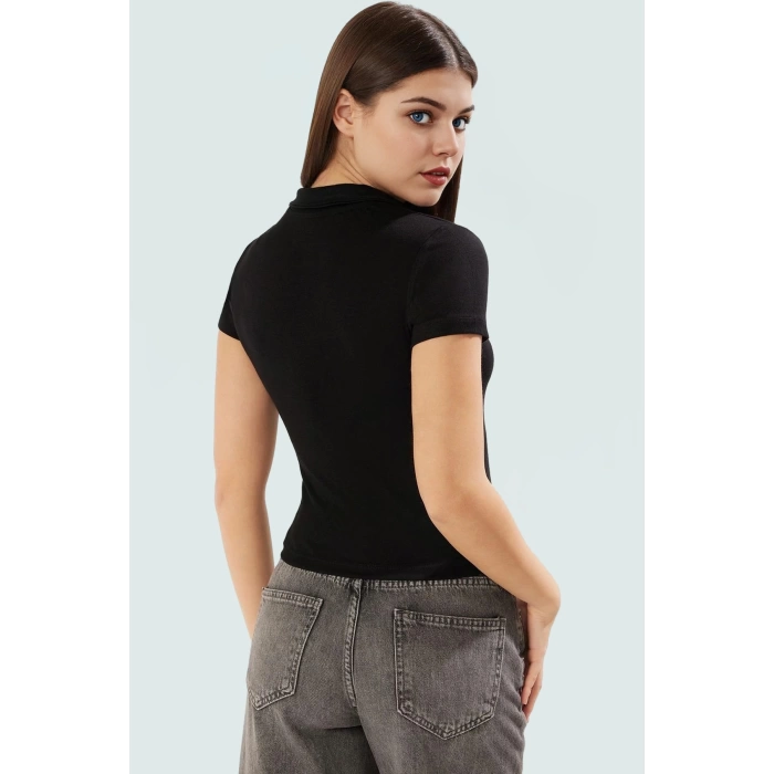 Viskoz Ribana Örme Bluz Crop Polo Yaka Fitted Rahat Kullanım Premium Kalite Modern Stil